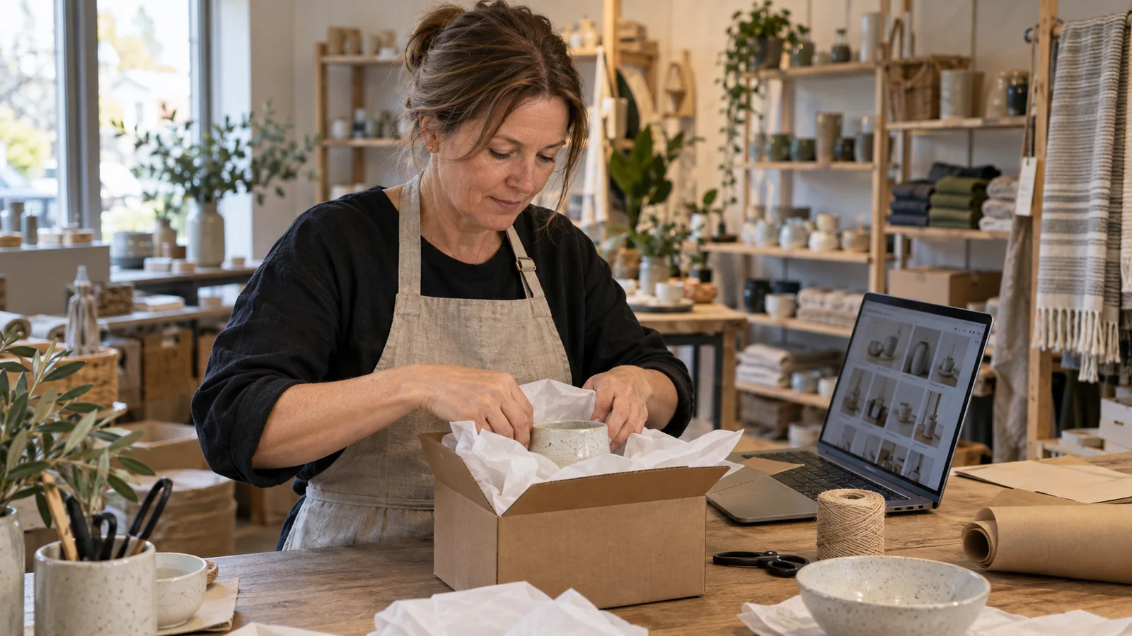 KI-illustrasjon av en butikkmedarbeider som pakker en bestilling ved siden av en bærbar datamaskin.
