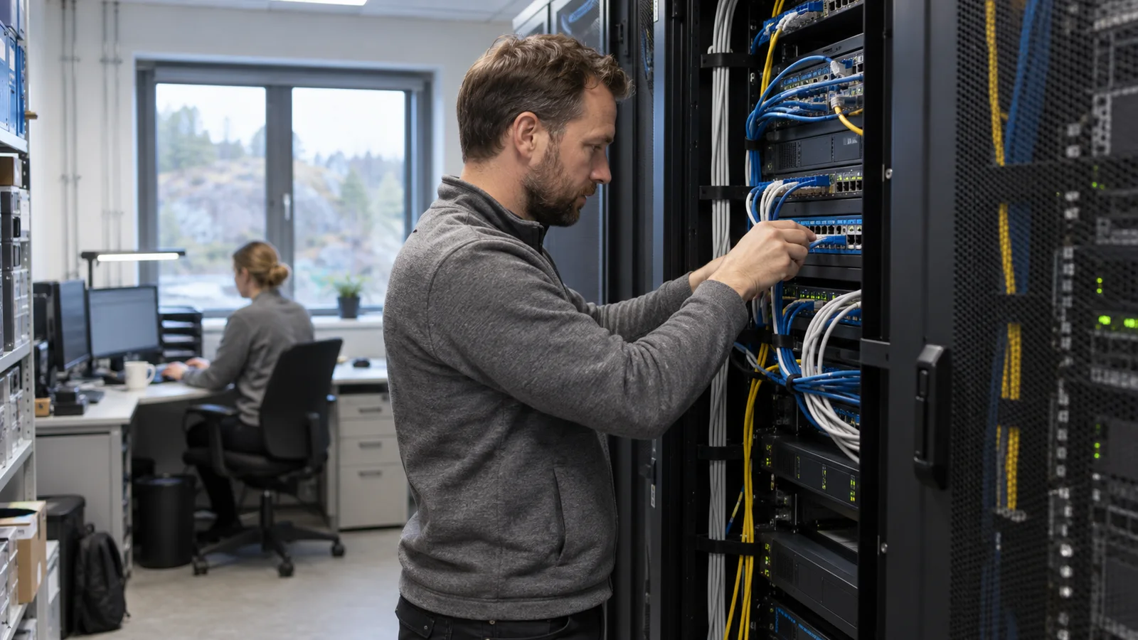 KI-illustrasjon av en IT-medarbeider som kontrollerer kabler i et nettverksskap.